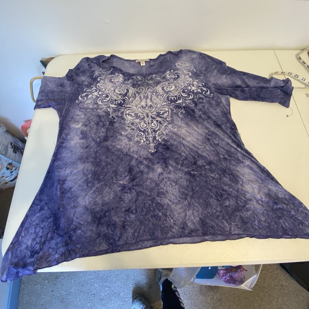 CB Established 1962 Womens 2X Blouse Top Purple Floral Asymmetrical Whimsy Artsy - Picture 2 of 10